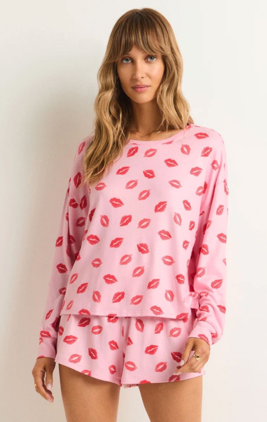 Women Z Supply | Pucker Up Kisses Long Sleeve Top Cotton Candy