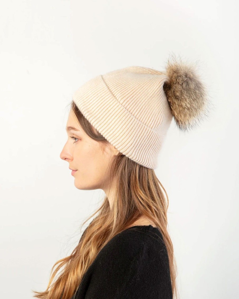 Women Uniquities Hats | Basic Ribbed Knit Pom Pom Beanie Ivory