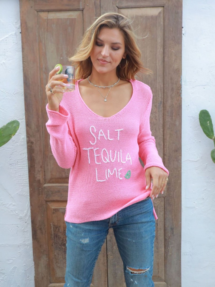 Women Wooden Ships Sweaters | Salt Tequila Lime V Cotton Pretty Pink/Breaker White