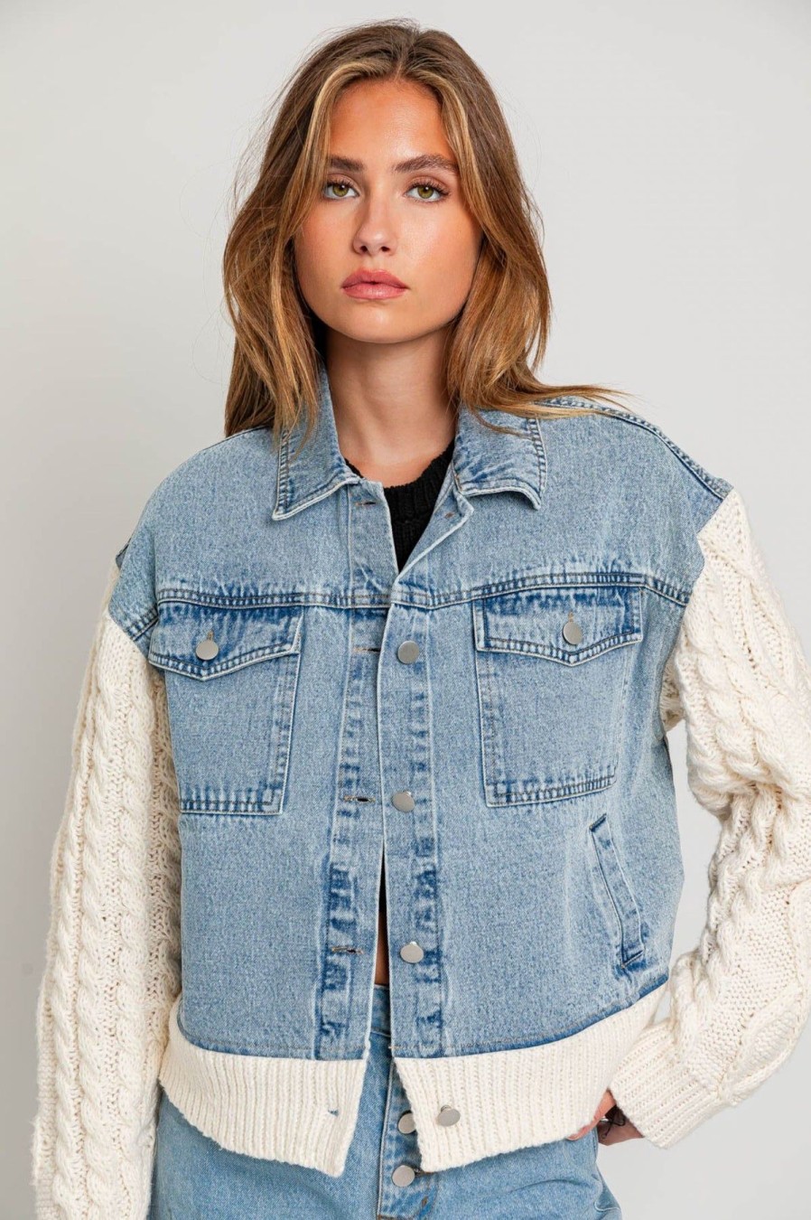 Women Kendall Lane Denim Jackets | Lucy Mixed Media Jacket Denim/Cream