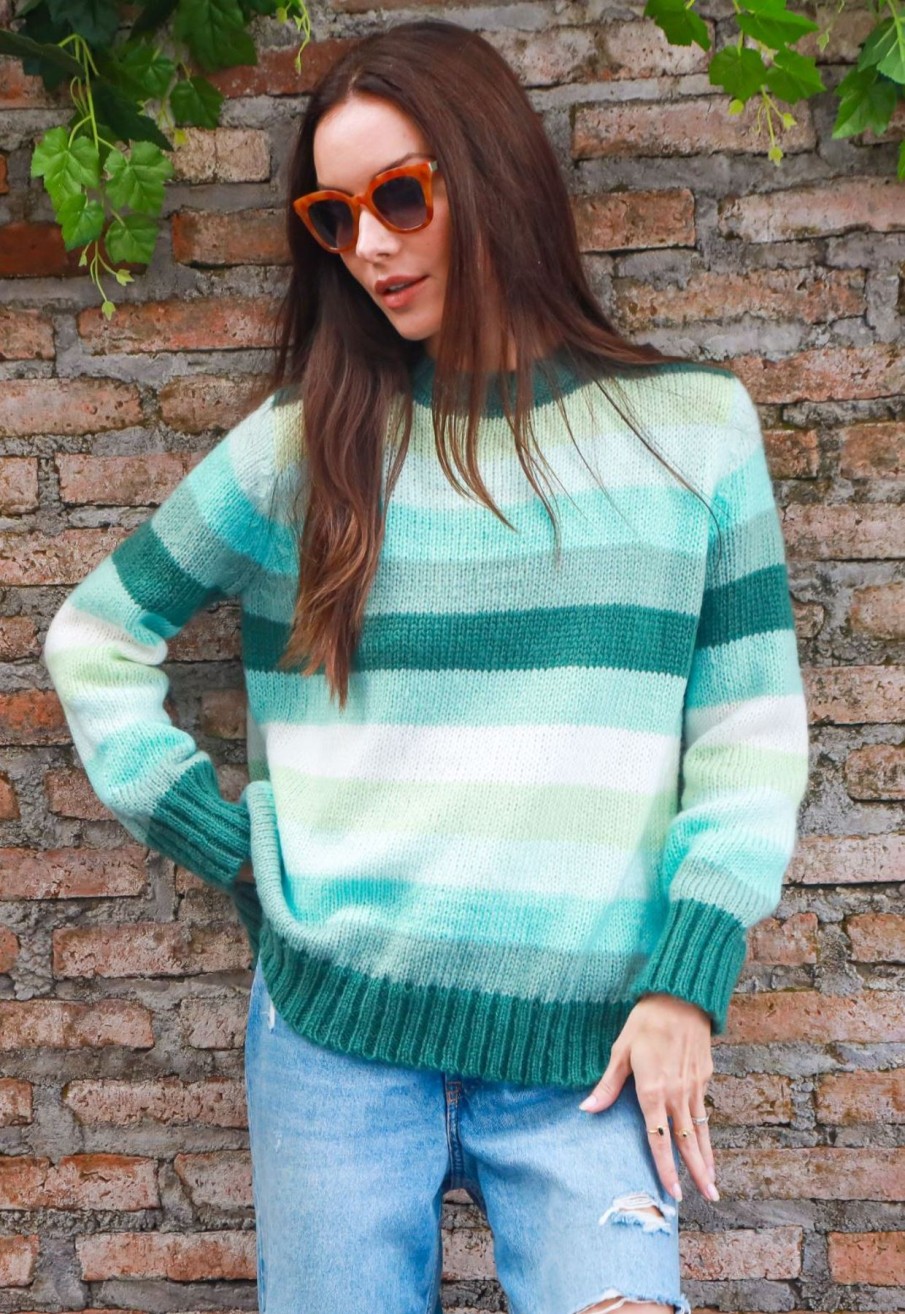 Women Wooden Ships Sweaters | Autumn Stripe Crew Juniper Stripe