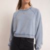 Women Z Supply Shirts & Blouses | Crop Out Knit Denim Sweatshirt Washed Indigo