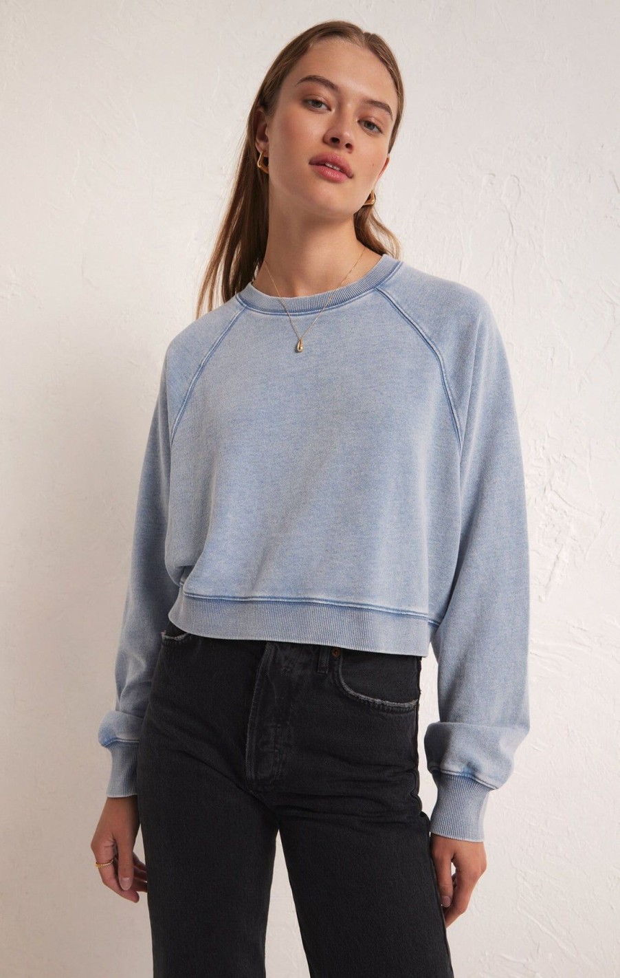 Women Z Supply Shirts & Blouses | Crop Out Knit Denim Sweatshirt Washed Indigo