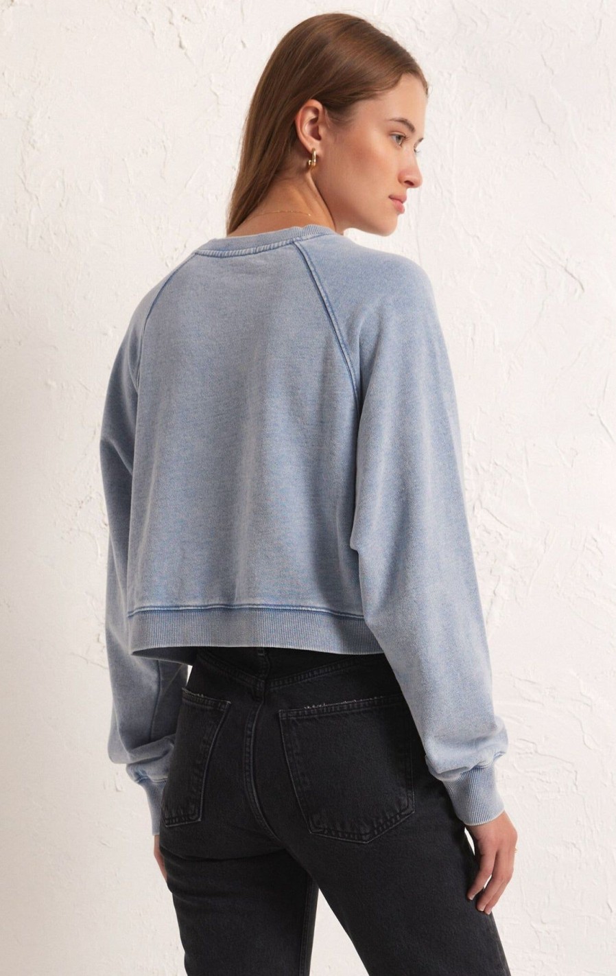 Women Z Supply Shirts & Blouses | Crop Out Knit Denim Sweatshirt Washed Indigo