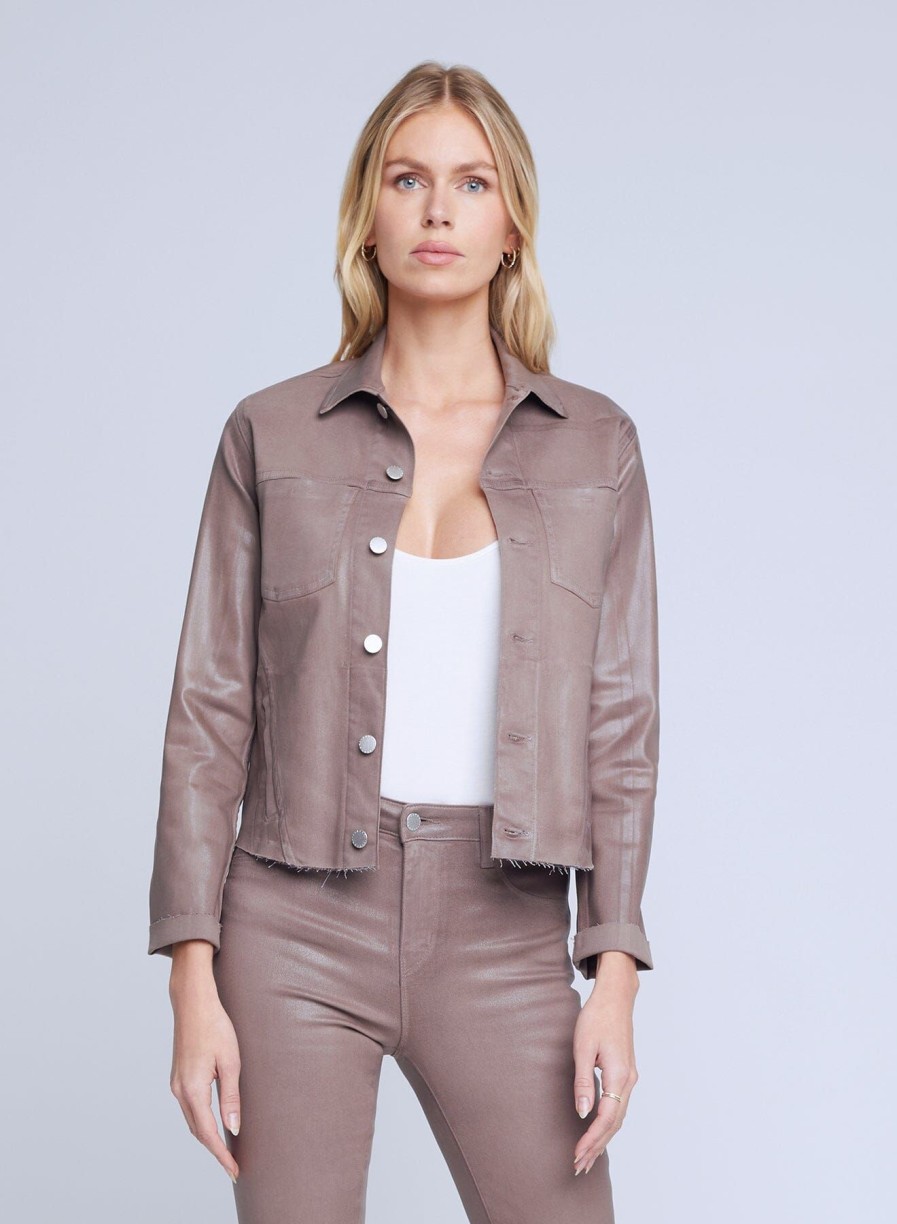 Women L'AGENCE Denim Jackets | Janelle Slim Raw Jacket Deep Taupe Coated