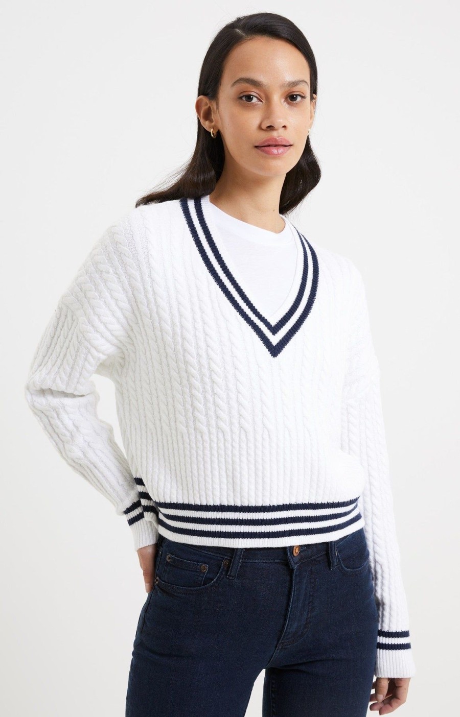 Women French Connection Sweaters | Babysoft Cable V Neck Jumper Winter White Duchess