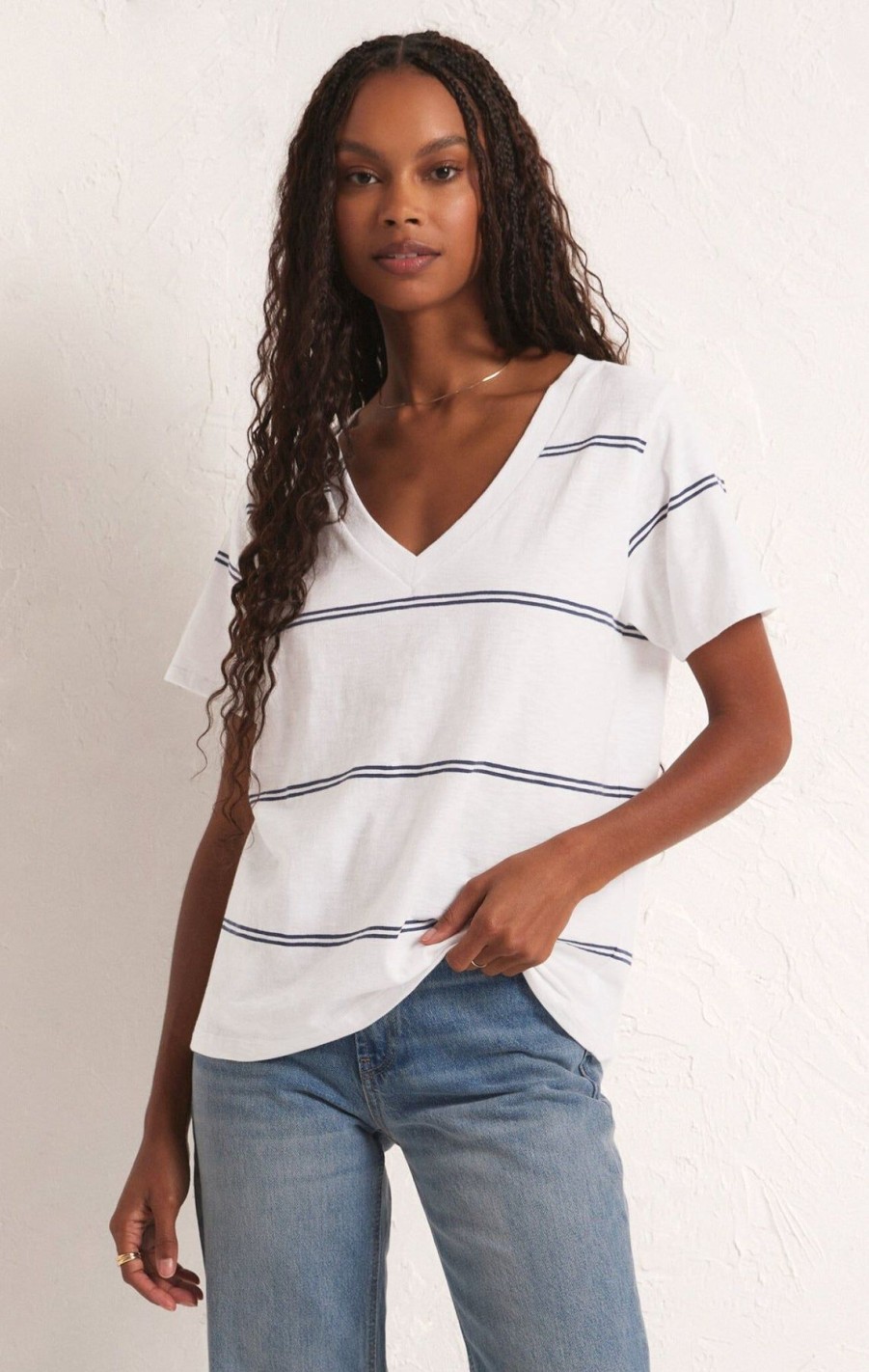 Women Z Supply | Girlfriend Twin Stripe V-Neck Tee White