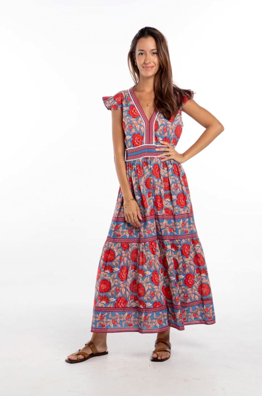 Women Uniquities Vacation | Border Print Ruffle Maxi Dress Blue Red