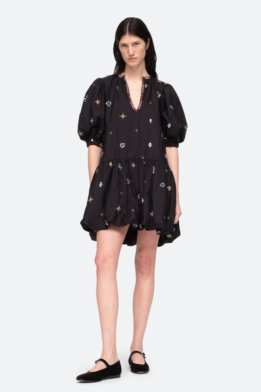 Women Sea NY Mini | Maja Embroidery Long Sleeve Bubble Dress Black