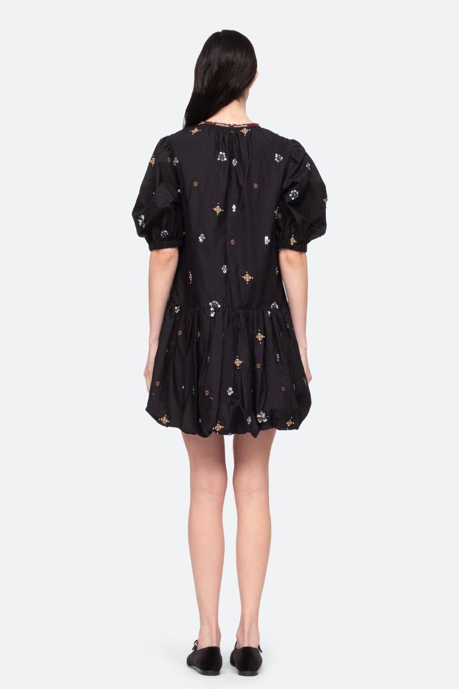 Women Sea NY Mini | Maja Embroidery Long Sleeve Bubble Dress Black