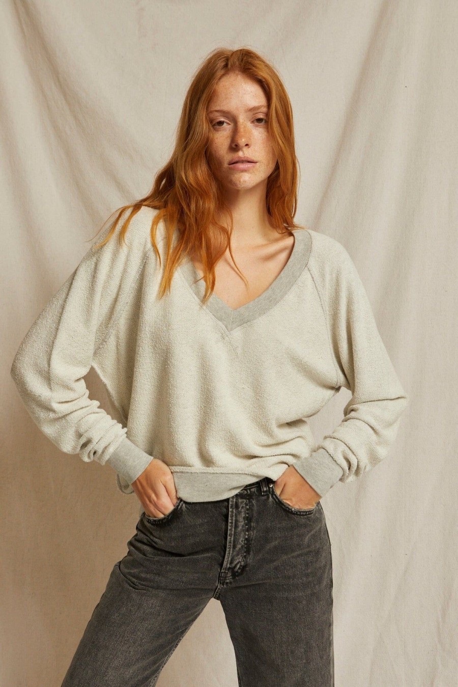 Women Perfect White Tee | Mischa French Terry Inside Out V Neck Sweatshirt Heather Grey