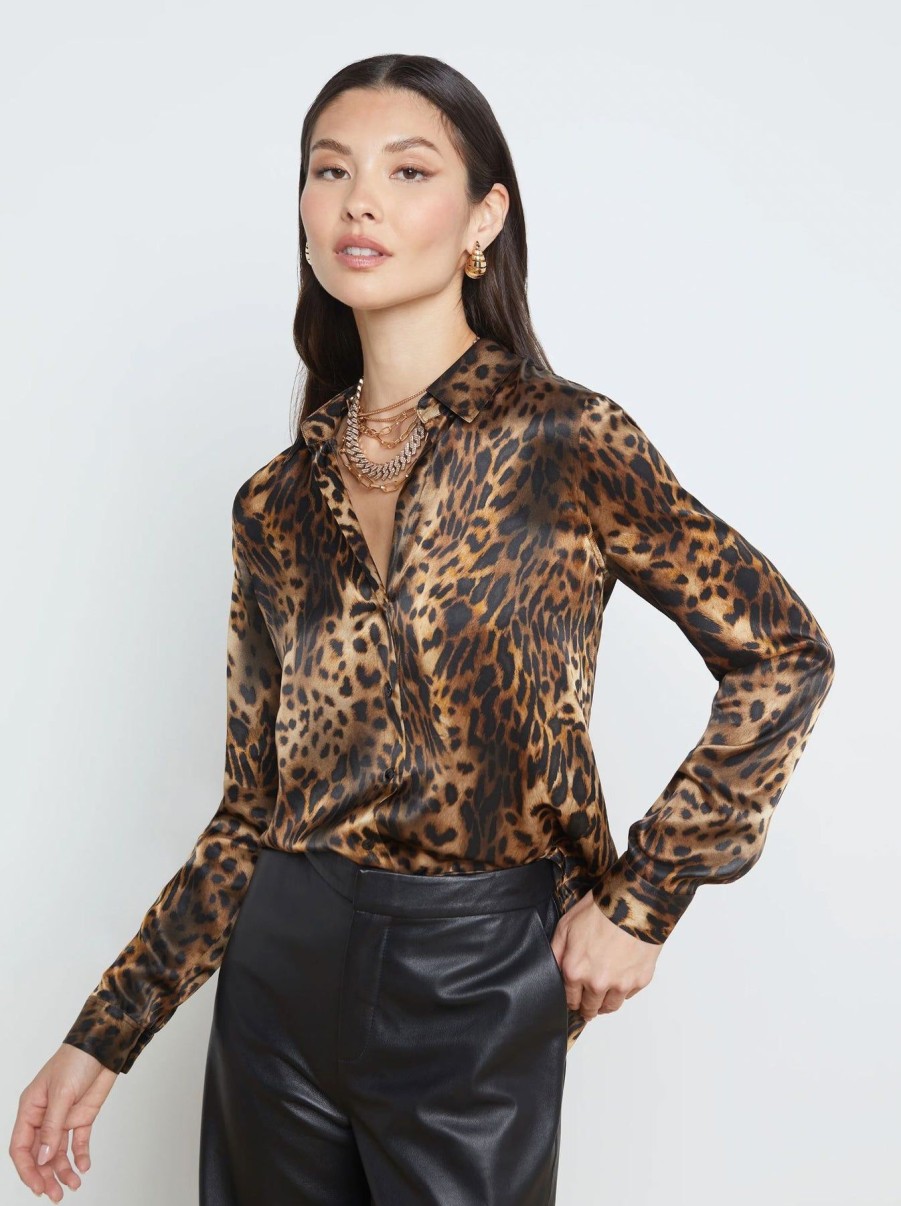 Women L'AGENCE Shirts & Blouses | Tyler Long Sleeve Shirt Brown Oil Leopard