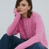 Women Autumn Cashmere Sweaters | 6 Ply Open Cable Crew Carnation