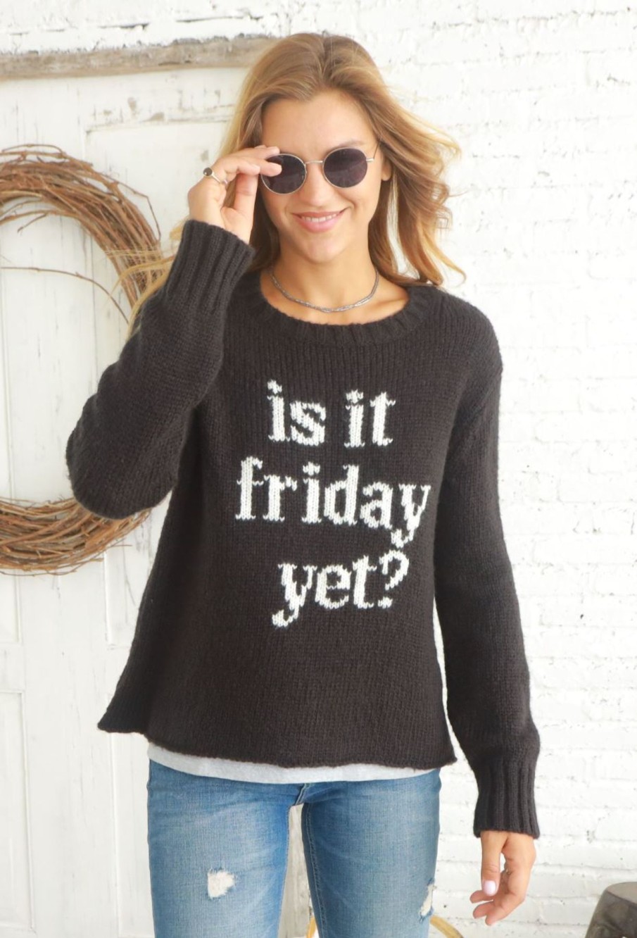 Women Wooden Ships Sweaters | Is It Friday Yet Crew Black/Pure Snow