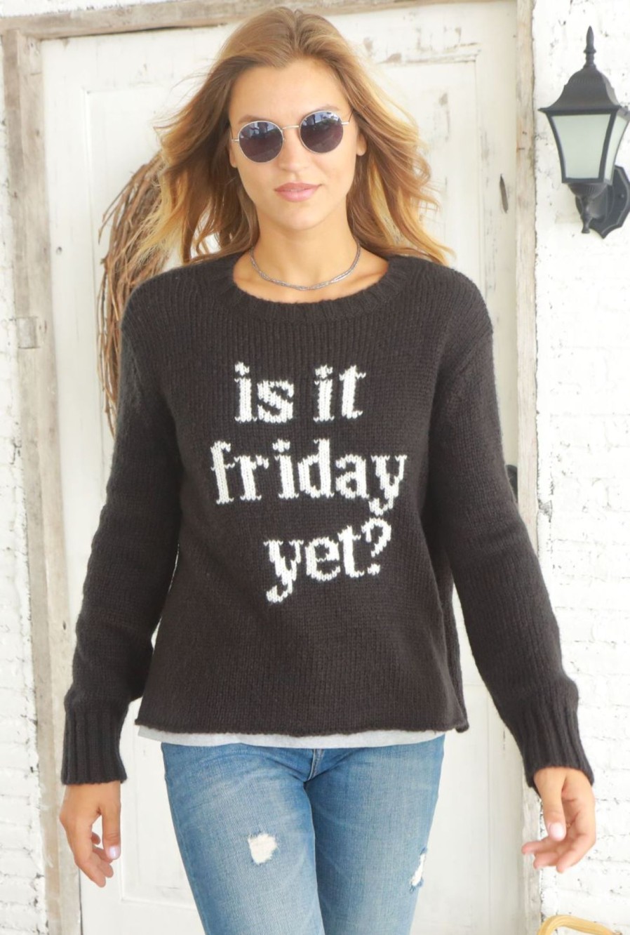 Women Wooden Ships Sweaters | Is It Friday Yet Crew Black/Pure Snow