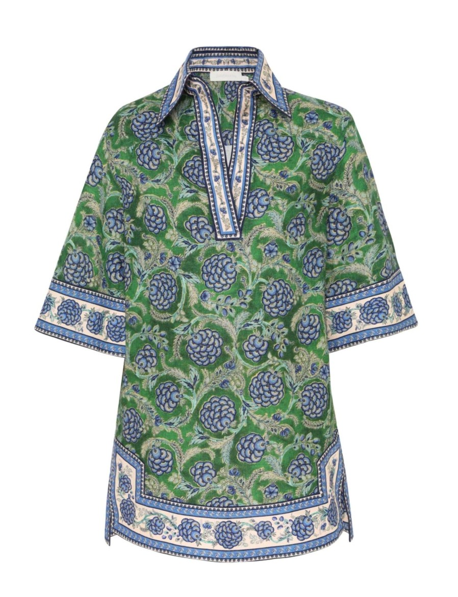 Women Zimmermann Vacation | Junie Tunic Dress Green/Blue Floral