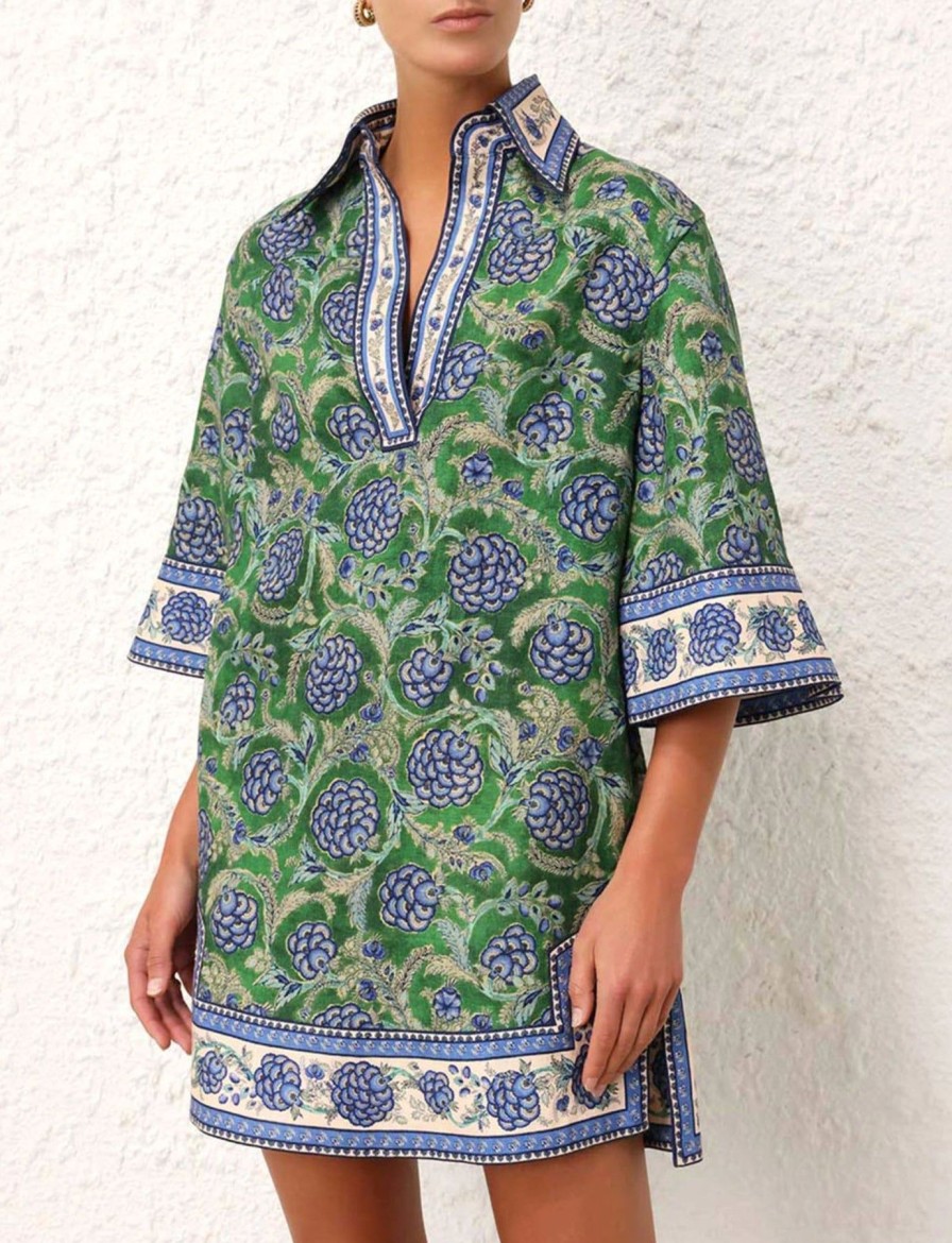 Women Zimmermann Vacation | Junie Tunic Dress Green/Blue Floral