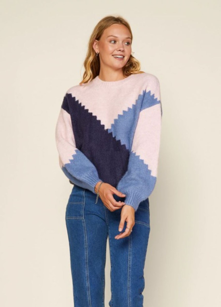 Women Anna Rae Sweaters | Carter Colorblock Sweater Navy Blue