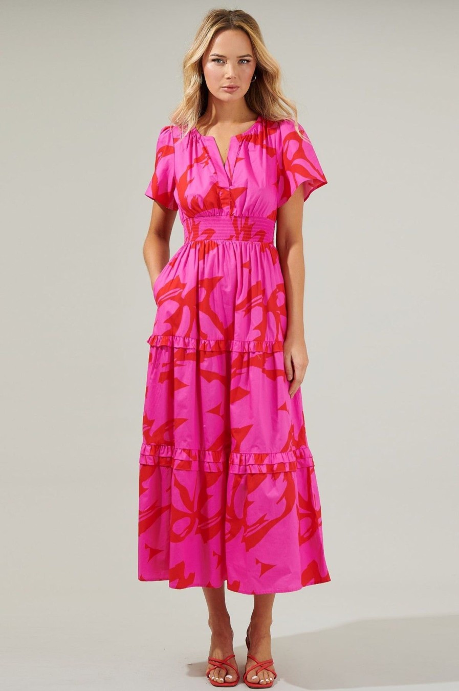 Women Anna Rae Vacation | Gia Floral Maxi Dress Fuchsia Red Multi