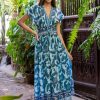 Women Uniquities Vacation | Smock V Midi Dress Blue Peacock