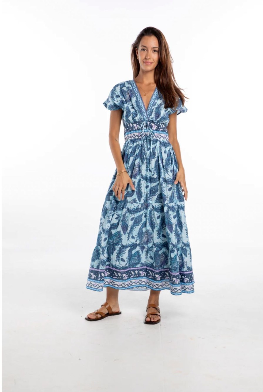 Women Uniquities Vacation | Smock V Midi Dress Blue Peacock