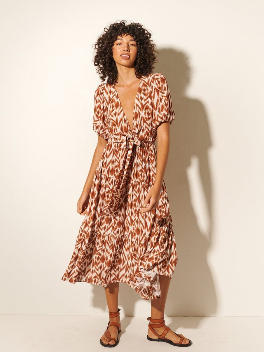 Women Kivari Vacation | Marisa Tie Front Midi Dress Chocolate Aztec