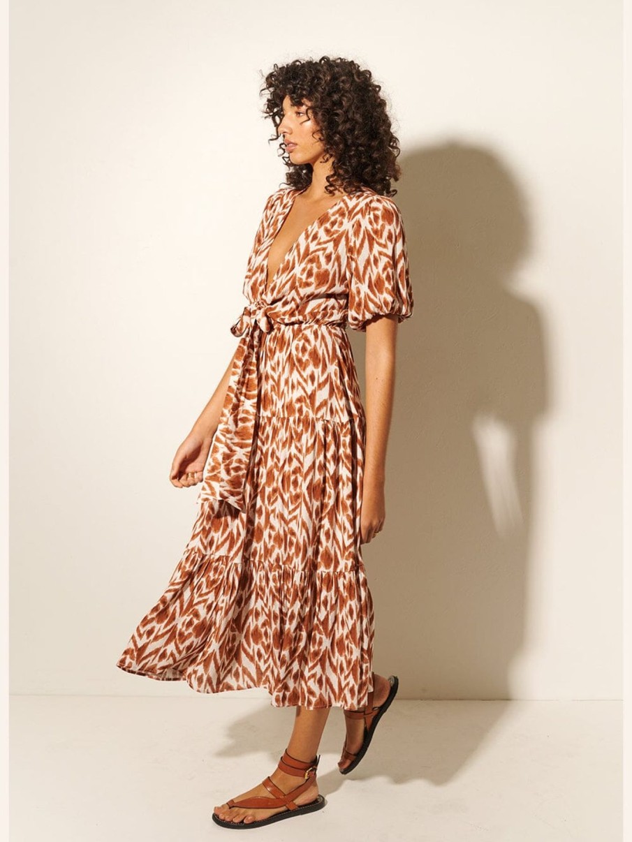 Women Kivari Vacation | Marisa Tie Front Midi Dress Chocolate Aztec