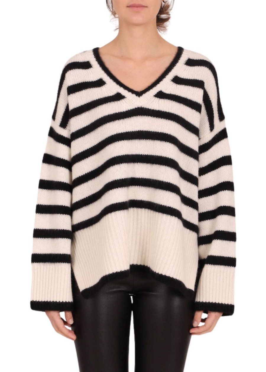 Women Estheme Cashmere Sweaters | V Neck Dolman Sweater Black/White Stripe