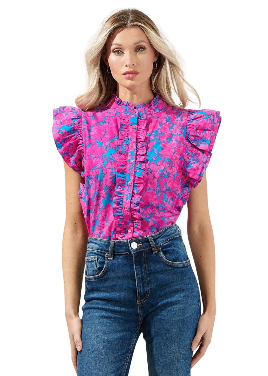 Women Anna Rae Shirts & Blouses | Gretchen Ruffle Top Cerulean Pink