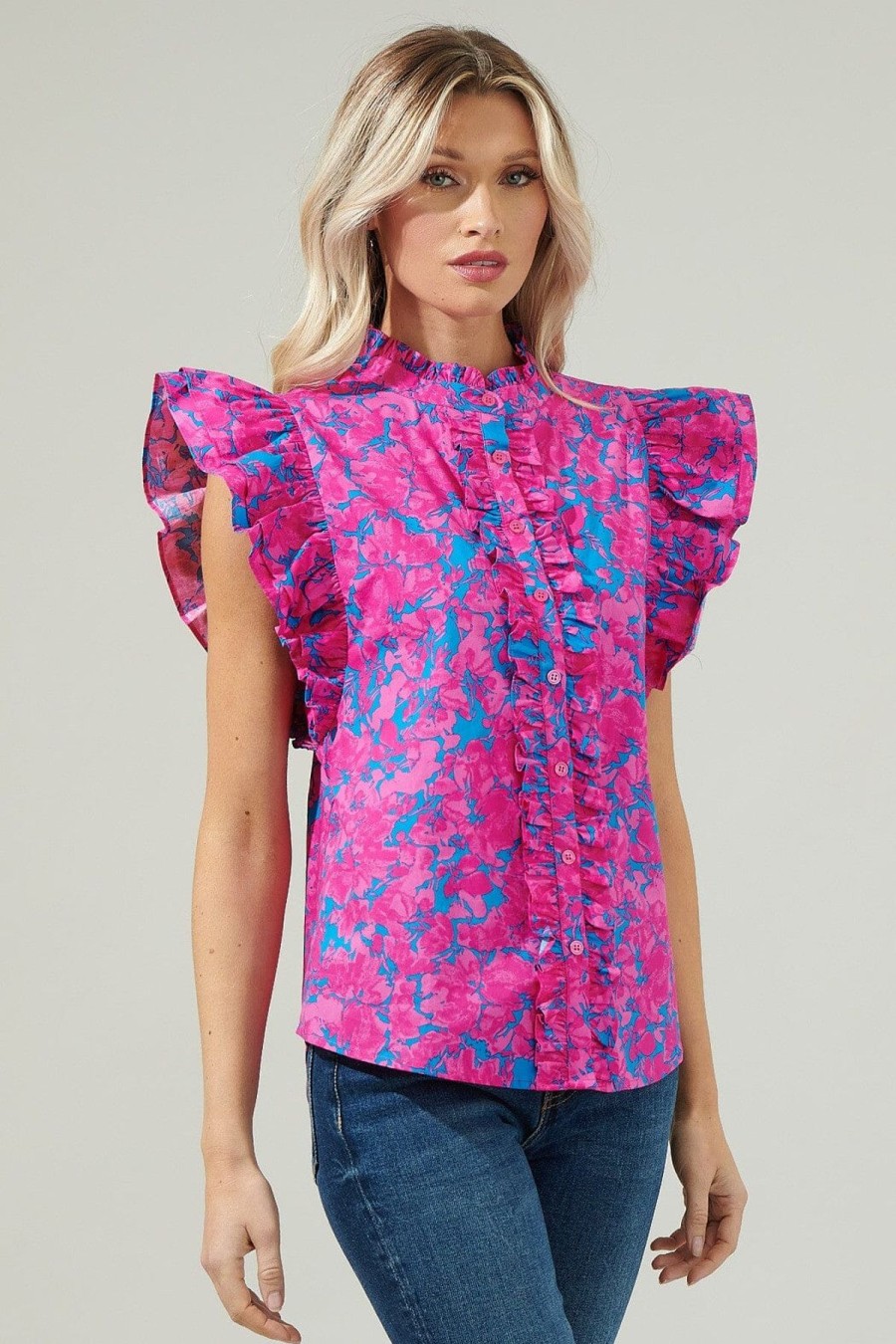 Women Anna Rae Shirts & Blouses | Gretchen Ruffle Top Cerulean Pink