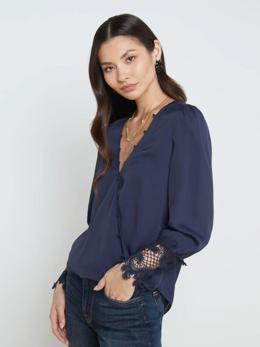 Women L'AGENCE Shirts & Blouses | Arti Lace Cuff Crossfront Blouse Midnight