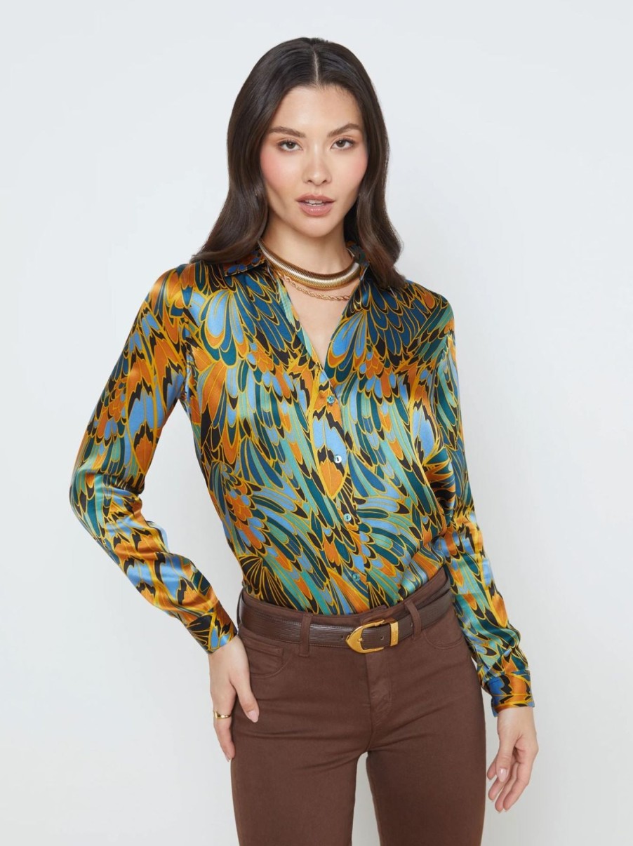 Women L'AGENCE Shirts & Blouses | Tyler Long Sleeve Shirt Blue Multi Parrot