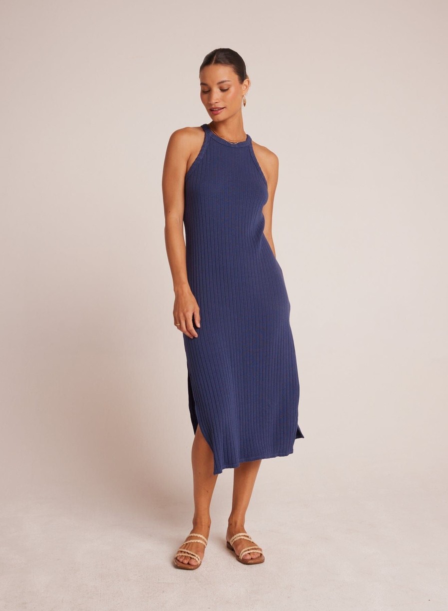 Women Bella Dahl Vacation | Fitted Halter Midi Dress Nautical Navy