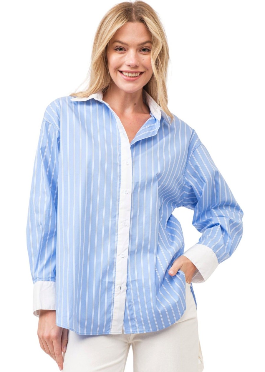 Women Anna Rae Shirts & Blouses | Toni Button Down Shirt Blue Stripe