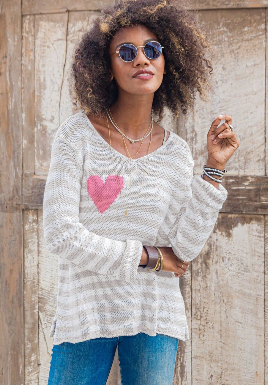 Women Wooden Ships Sweaters | Eloise Heart V Cotton Blush Champagne Stripe