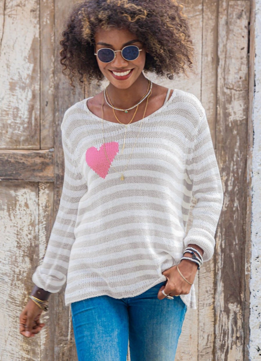 Women Wooden Ships Sweaters | Eloise Heart V Cotton Blush Champagne Stripe