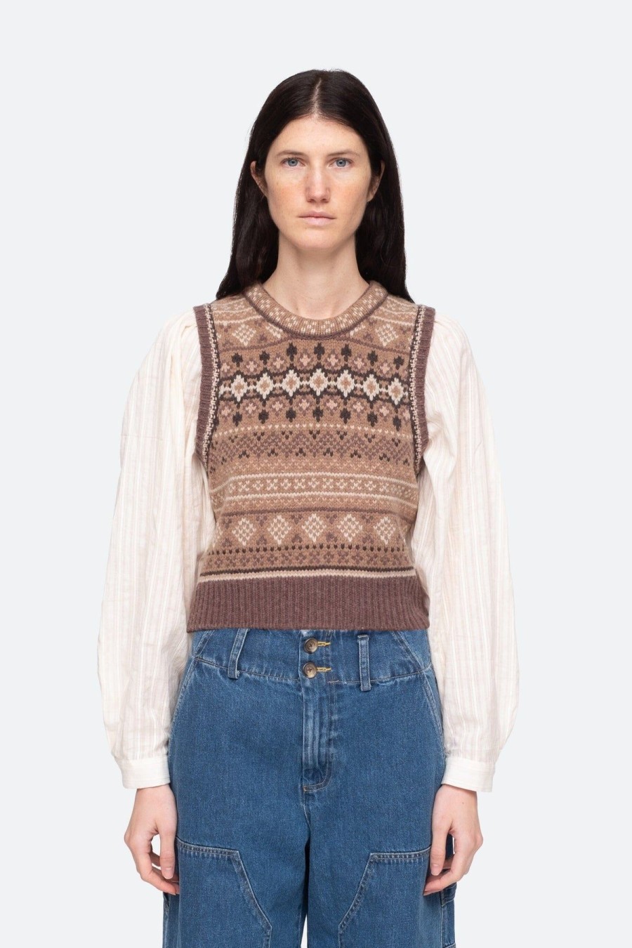 Women Sea NY Shirts & Blouses | Finja Fair Isle Long Sleeve Combo Top Camel