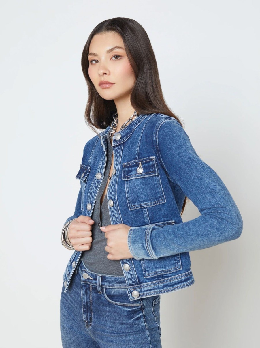 Women L'AGENCE Denim Jackets | Yari Collarless Jacket Rhodes