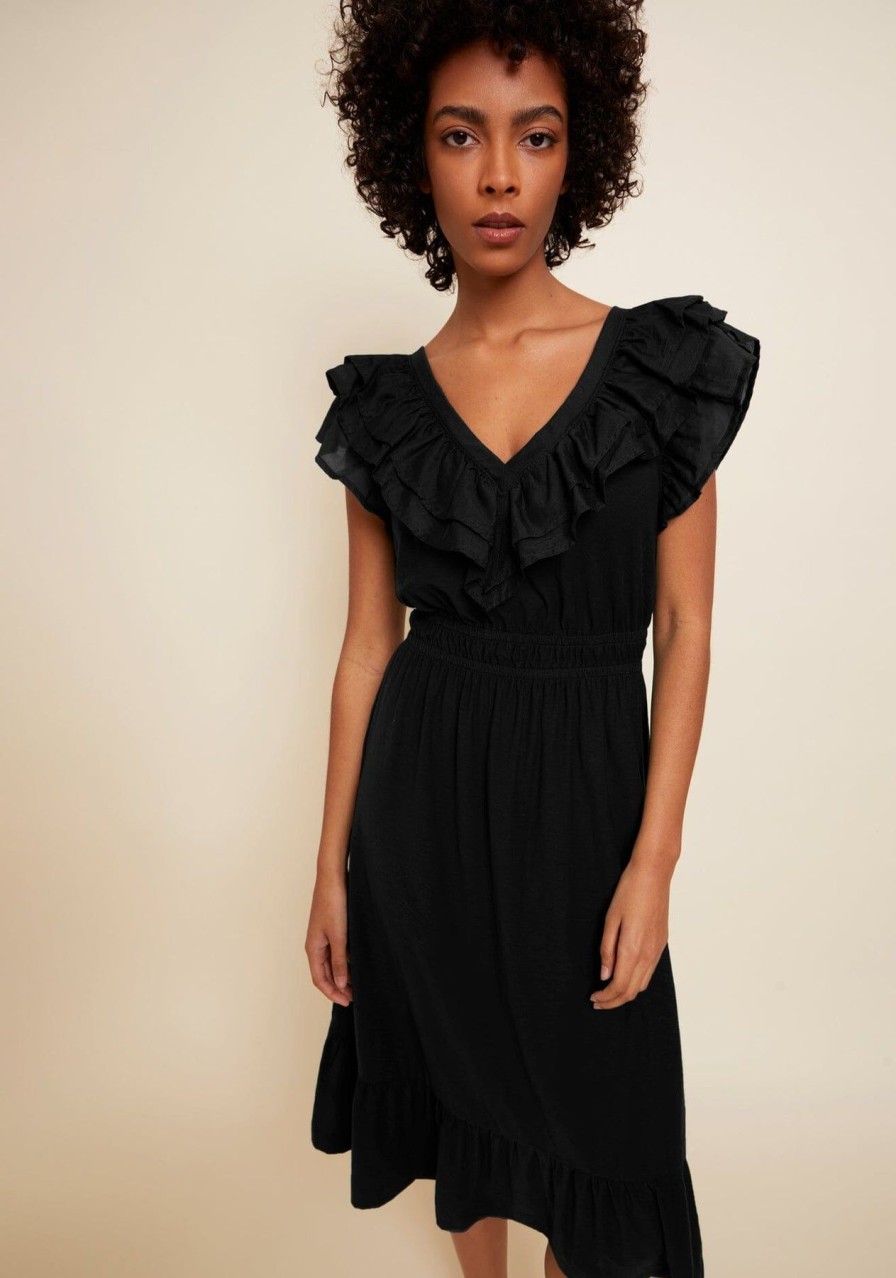 Women NATION LTD Midi & Maxi | Aria Contrast Ruffle Midi Dress Jet Black