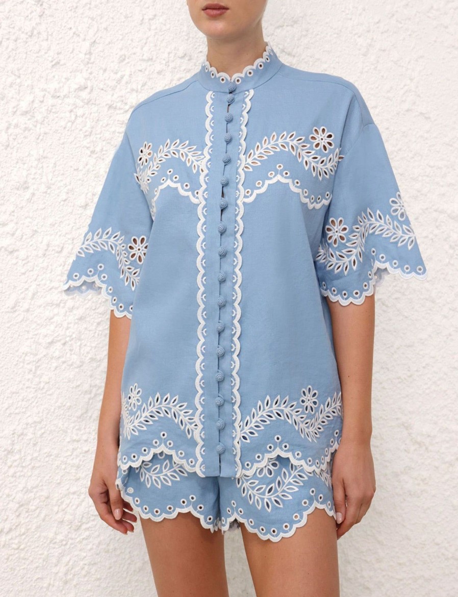 Women Zimmermann Shirts & Blouses | Junie Embroidered Shirt Blue