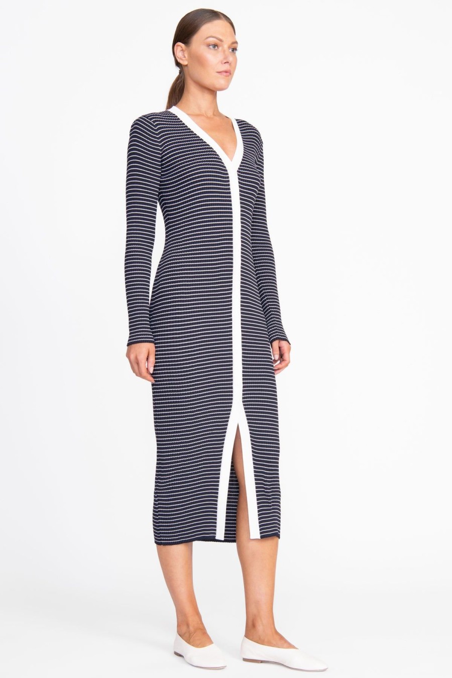 Women STAUD Vacation | Shoko Sweater Dress Navy Micro Stripe