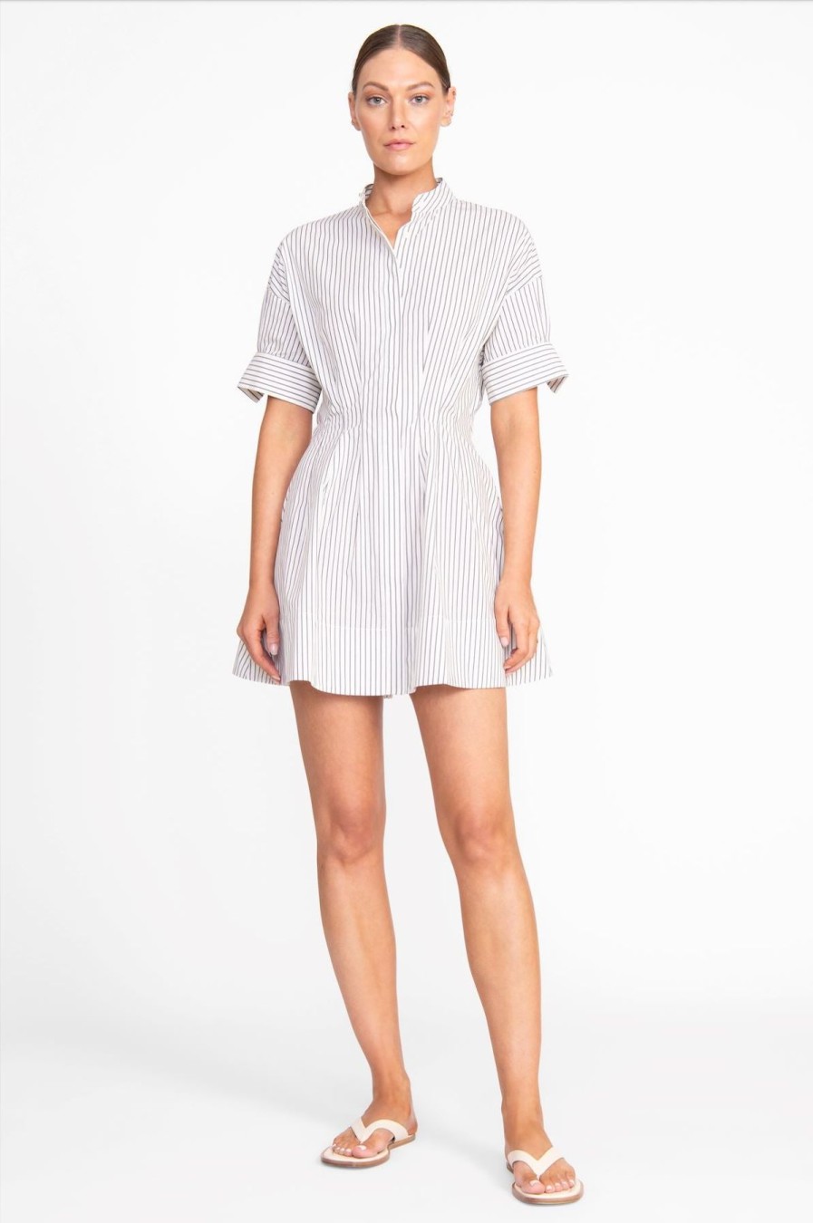 Women STAUD Vacation | Mini Lorenza Dress Ivory Micro Stripe