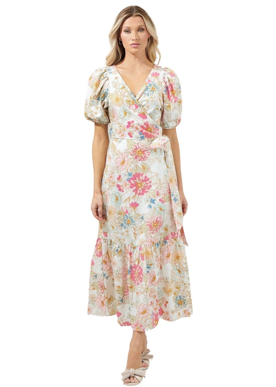 Women Anna Rae Midi & Maxi | Lily Wrap Dress Off White Multi