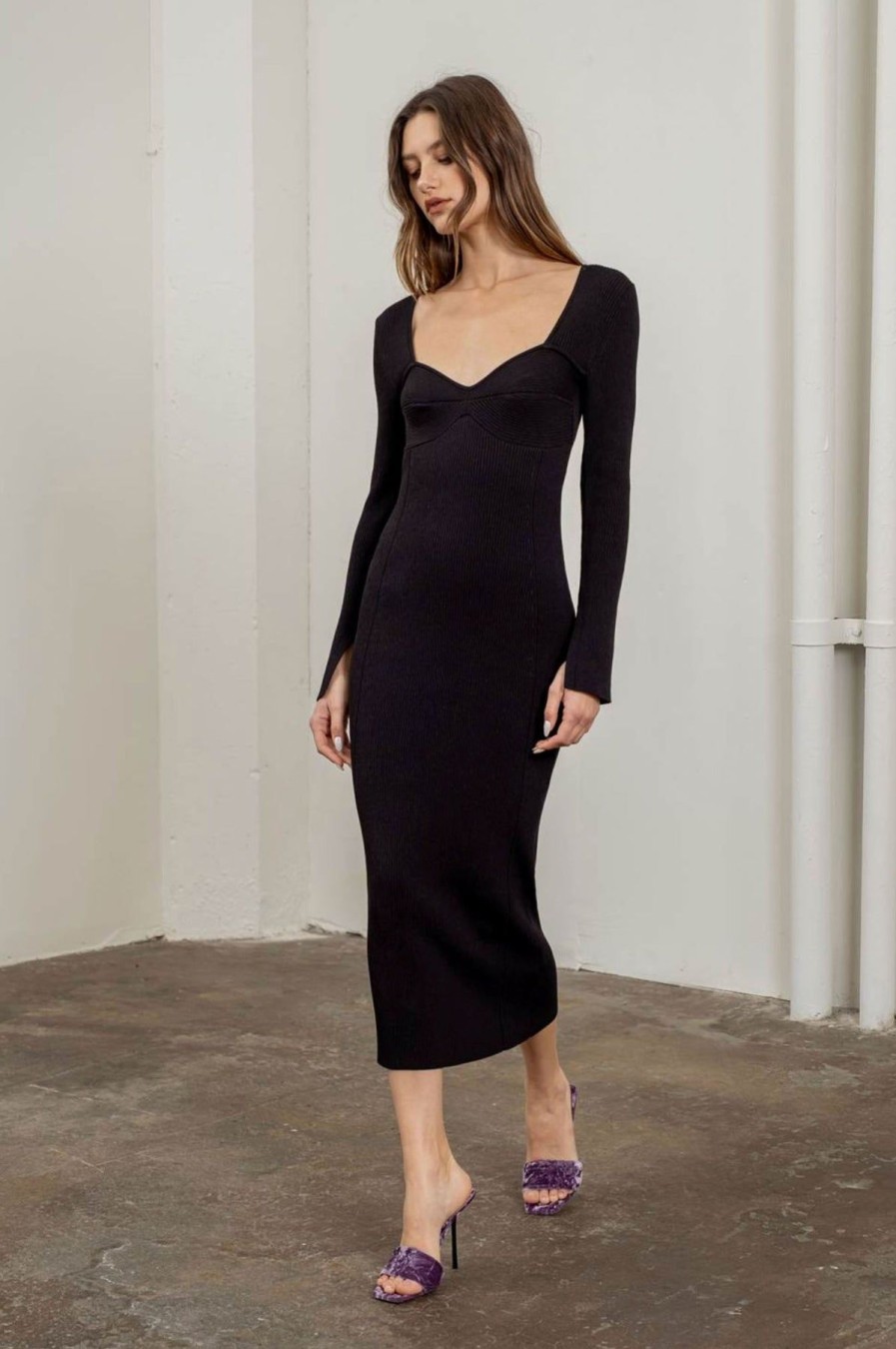 Women Anna Rae Midi & Maxi | Sloan Ribbed Midi Dress Black