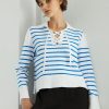 Women Autumn Cashmere Sweaters | Milano Breton Stripe Lace Up Sweater Bleach White/Blue Chip