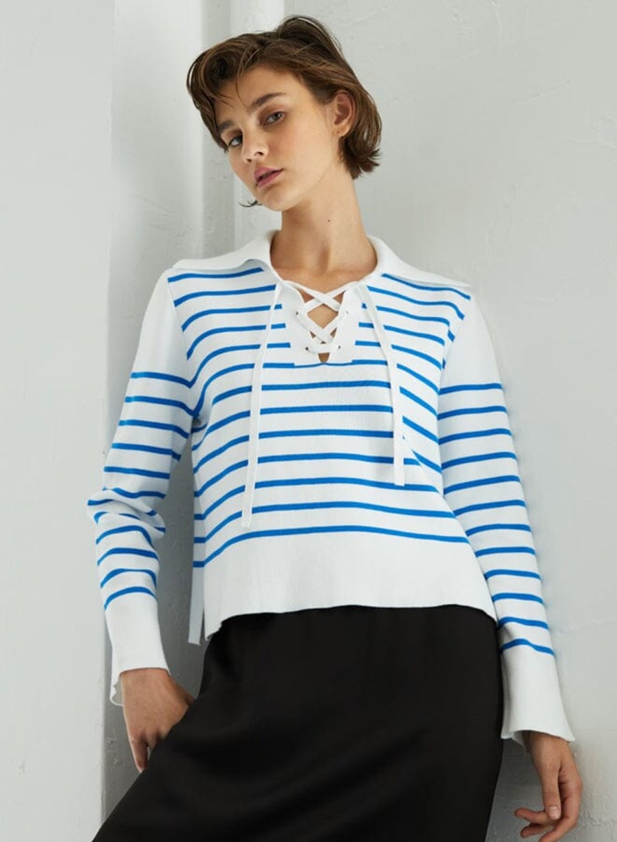 Women Autumn Cashmere Sweaters | Milano Breton Stripe Lace Up Sweater Bleach White/Blue Chip