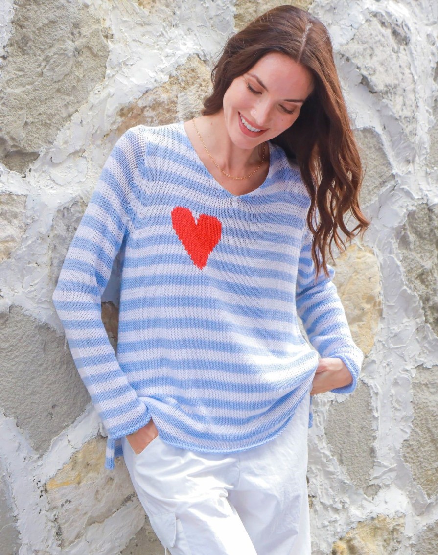 Women Wooden Ships Sweaters | Eloise Heart V Cotton Blue Wisp Stripe