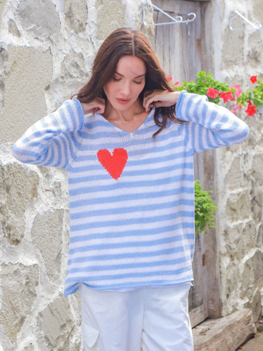 Women Wooden Ships Sweaters | Eloise Heart V Cotton Blue Wisp Stripe