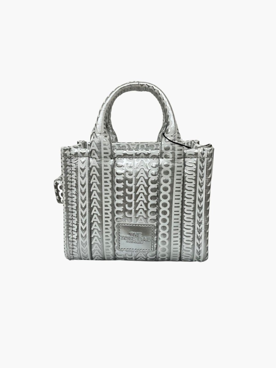 Women Marc Jacobs Handbags | The Monogram Metallic Mini Tote Bag Silver/White