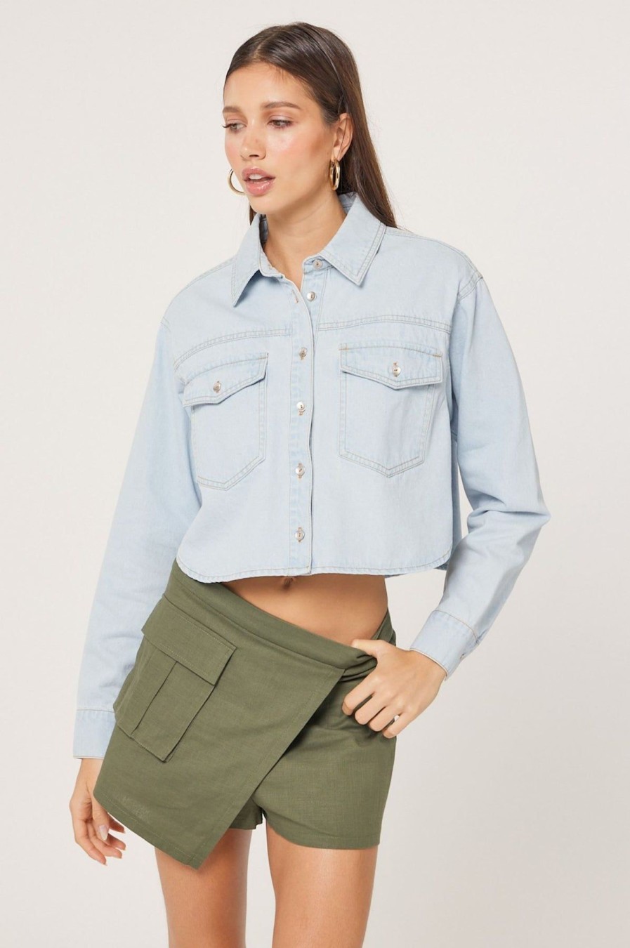 Women Kendall Lane Denim Jackets | Kat Denim Shacket Light Blue Denim